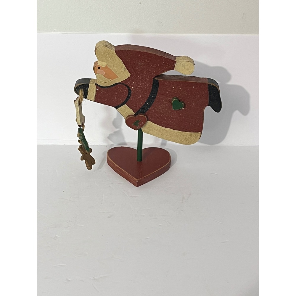 Unbranded Wooden Santa Figurine Red Folk Art Heart Base Holiday Decor